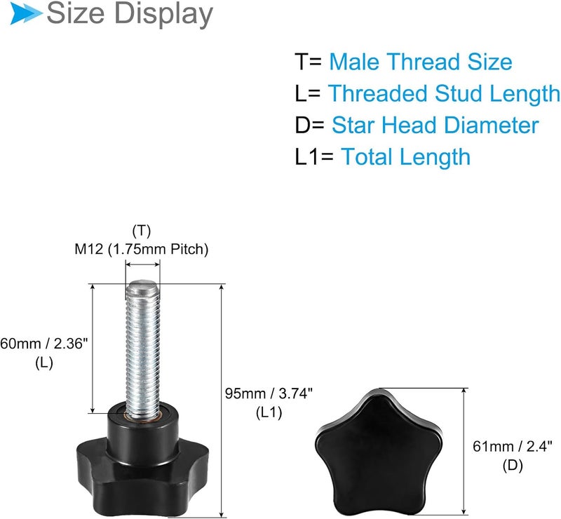 CoCud Star Clamping Knobs, M12 x 60mm Male Thread 61mm Head, Plastic Thumb Screw Grip Hand Knobs Threaded Bolt Black - (Applications: for Lathe Machinery), 2-Pieces - Image 2
